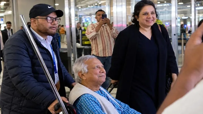 Former Bangladesh interim government chief adviser Muhammad Yunus in a wheelchair at New York’s JFK Airport.